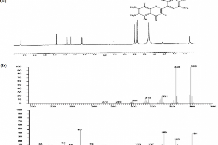 1H-Nuclear magnetic resonance (a) and Mass spectroscopy (b) of Arcapillin