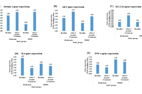 Comparison of gene expression in the study groups (a) Sirtuin 1; (b) AKT; (c) SLC2A4; (d) TNF-α and (e) IL-6.